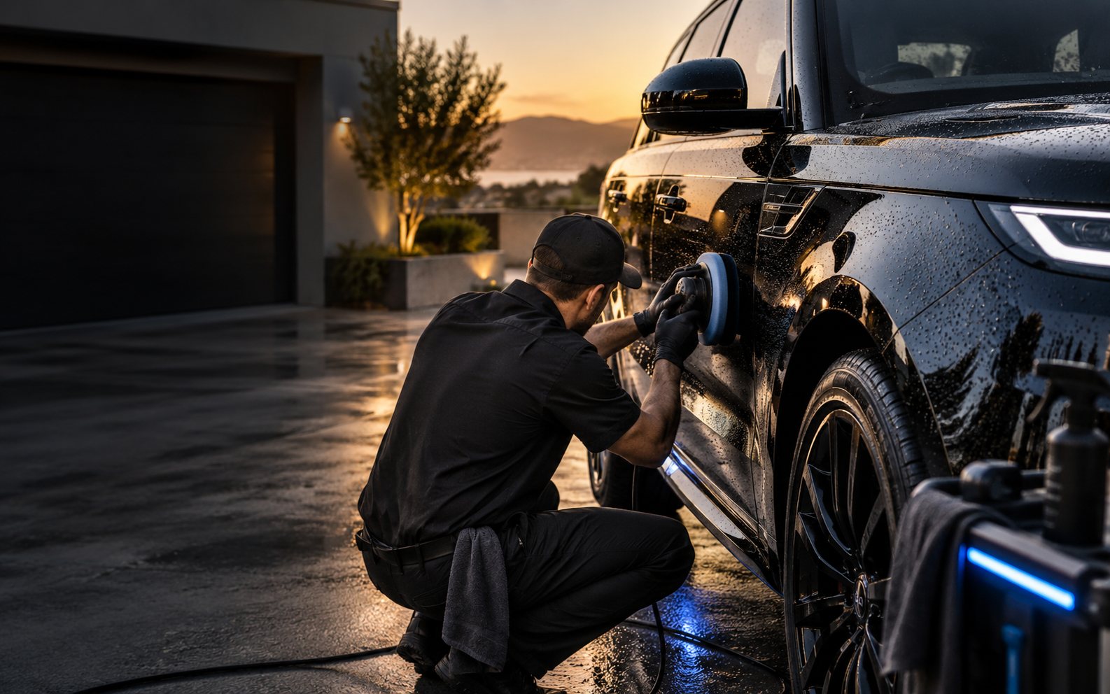 Professional detailer polishing a black SUV in a driveway